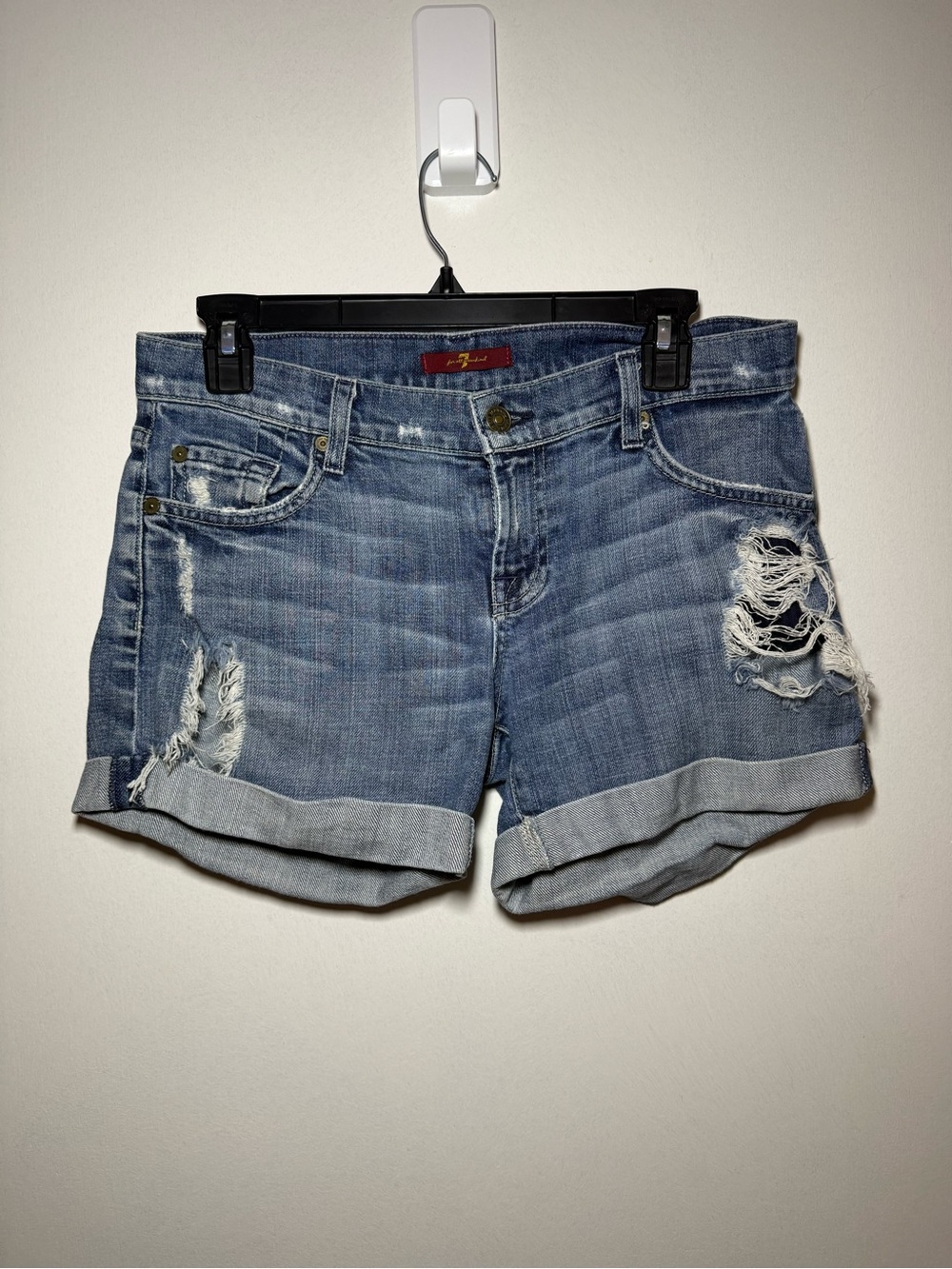 7 For All Mankind Women's Blue Denim Bermuda Shorts Distressed Cuffed Size 25